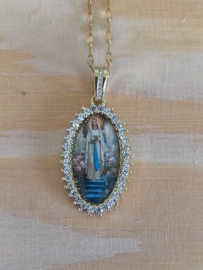 Gold-Tone Blue & White Religious Pendant Necklace